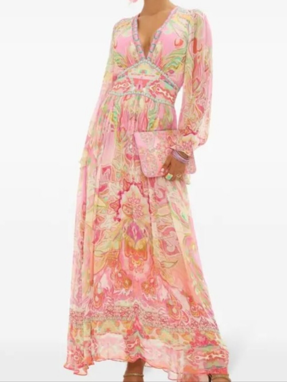 Camilla Pink & Peach Flared-Sleeve Maxi Dress with gorgeous details.Size Small.